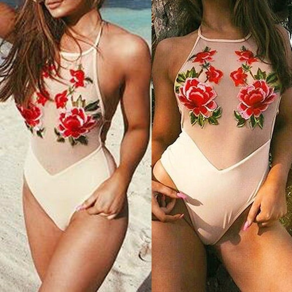 Rose Embroidered One Piece Bodysuit sz Medium